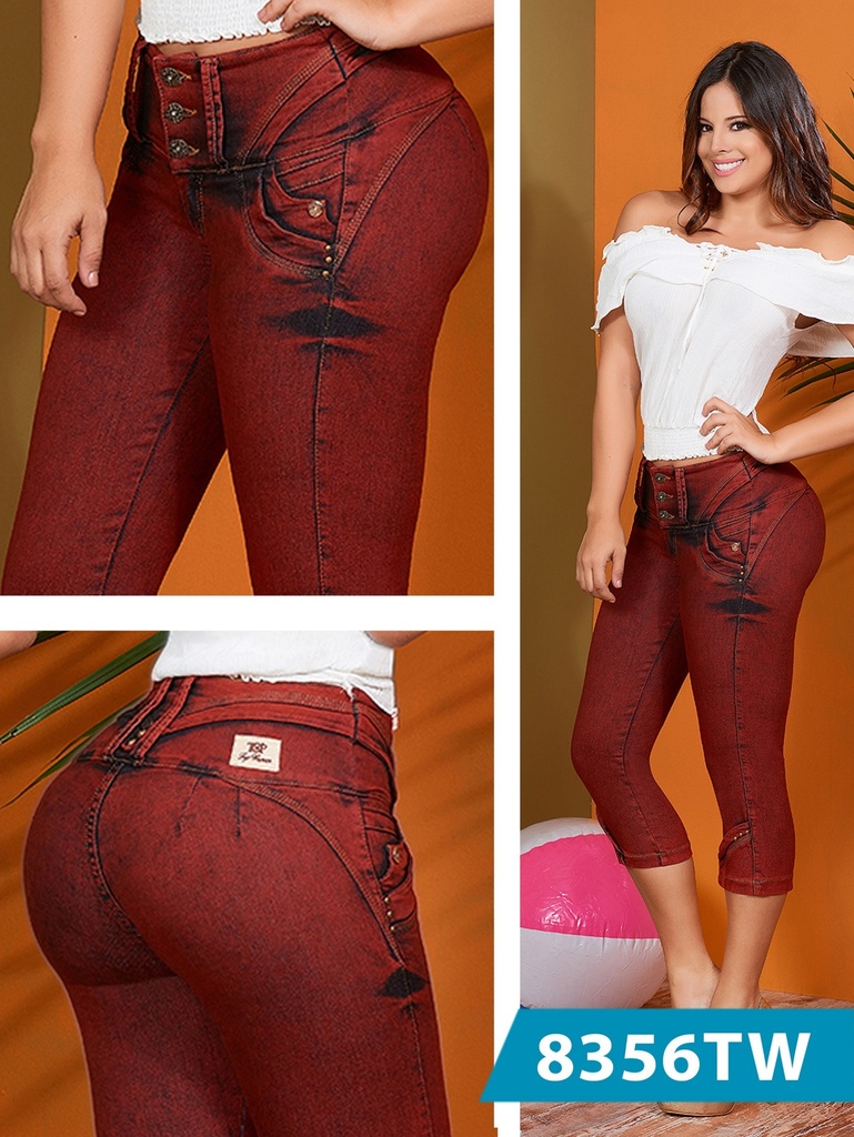 [1238356TW01] Women's Burgundy Printed Butt Lift Capri Jeans 8356TW