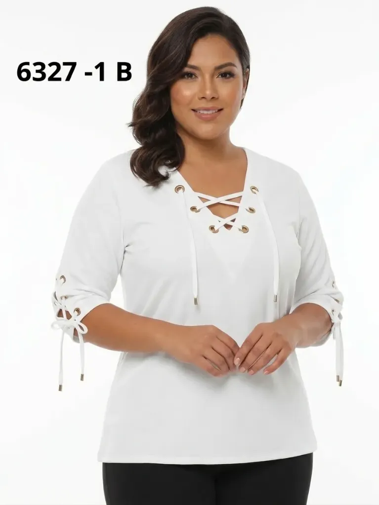 [25063271B18] Women's White Plus Size Lace-Up 3/4 Sleeve Blouse 6327-1B