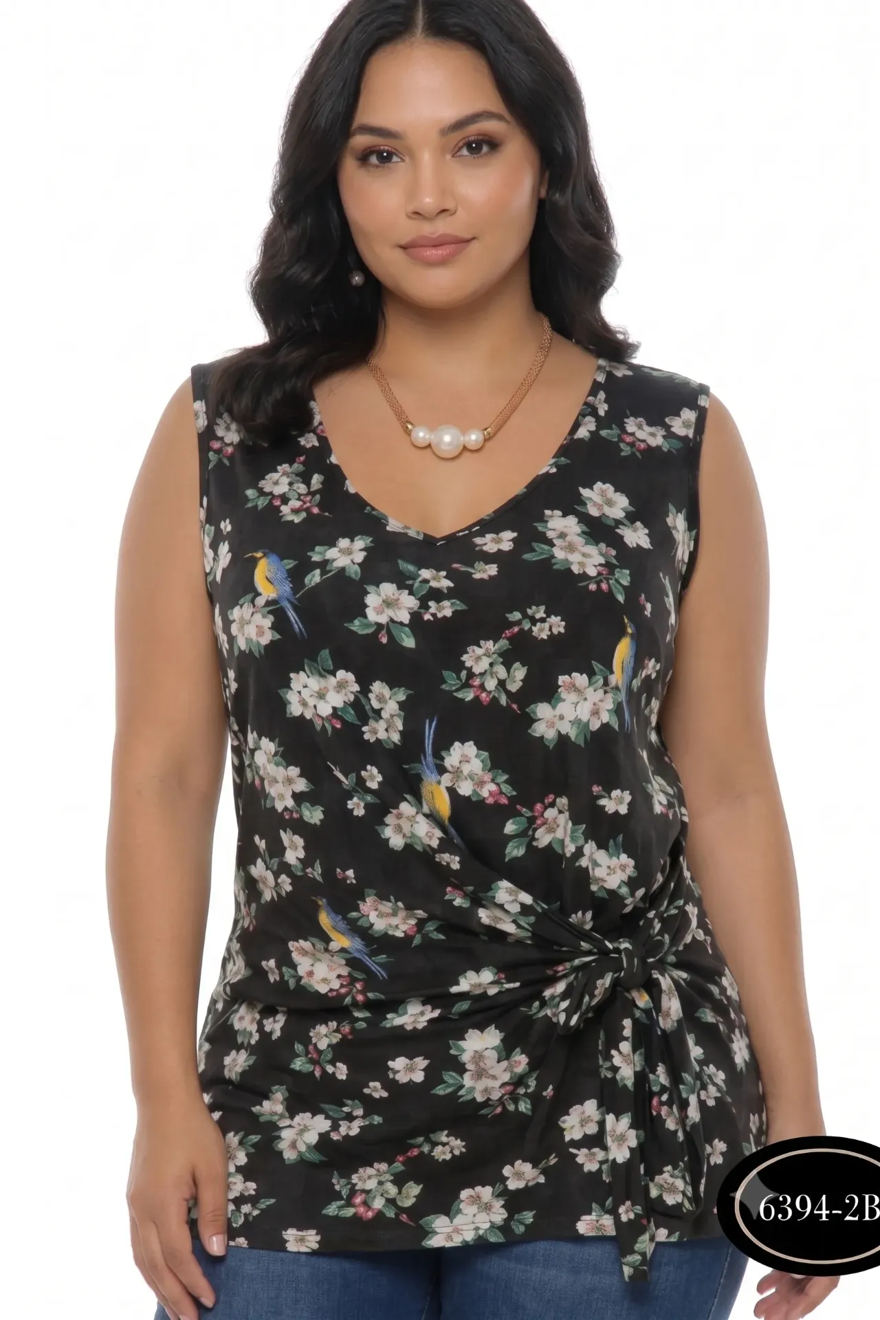Blusa Talla Grande Sin Mangas Floral Negro para Mujer 6394-3B