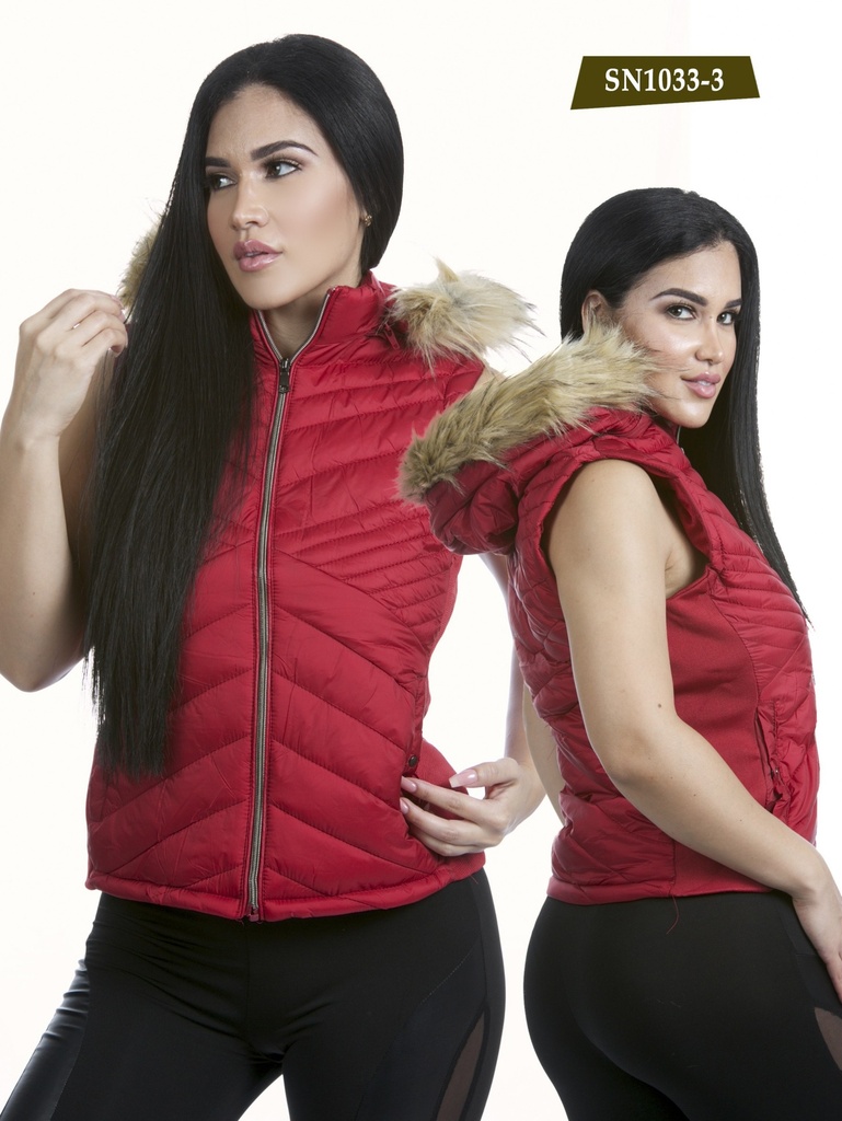 Chaleco Acolchado con Capucha de Piel Sintética Rojo para Mujer SN10333-3