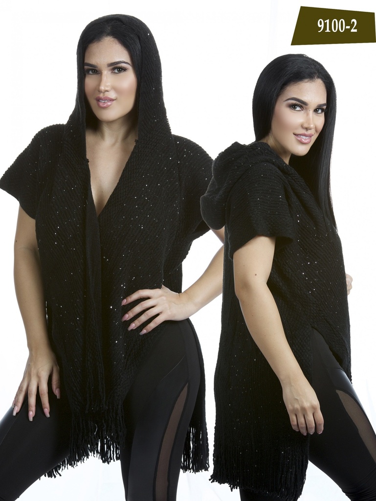 Suéter Poncho Chal con Flecos Negro con Flecos para Mujer 9100-2