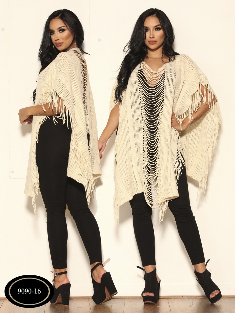 [256909016] Women's Cream Fringe Fringe Shawl Poncho Sweater 9100-9
