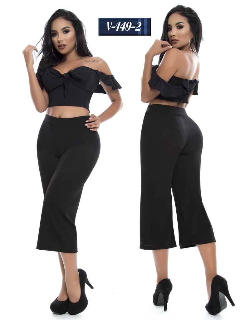 [265V1492S ] Women's Black Off Shoulder Ruffle Top & Culottes Two-Piece Set V-149-2