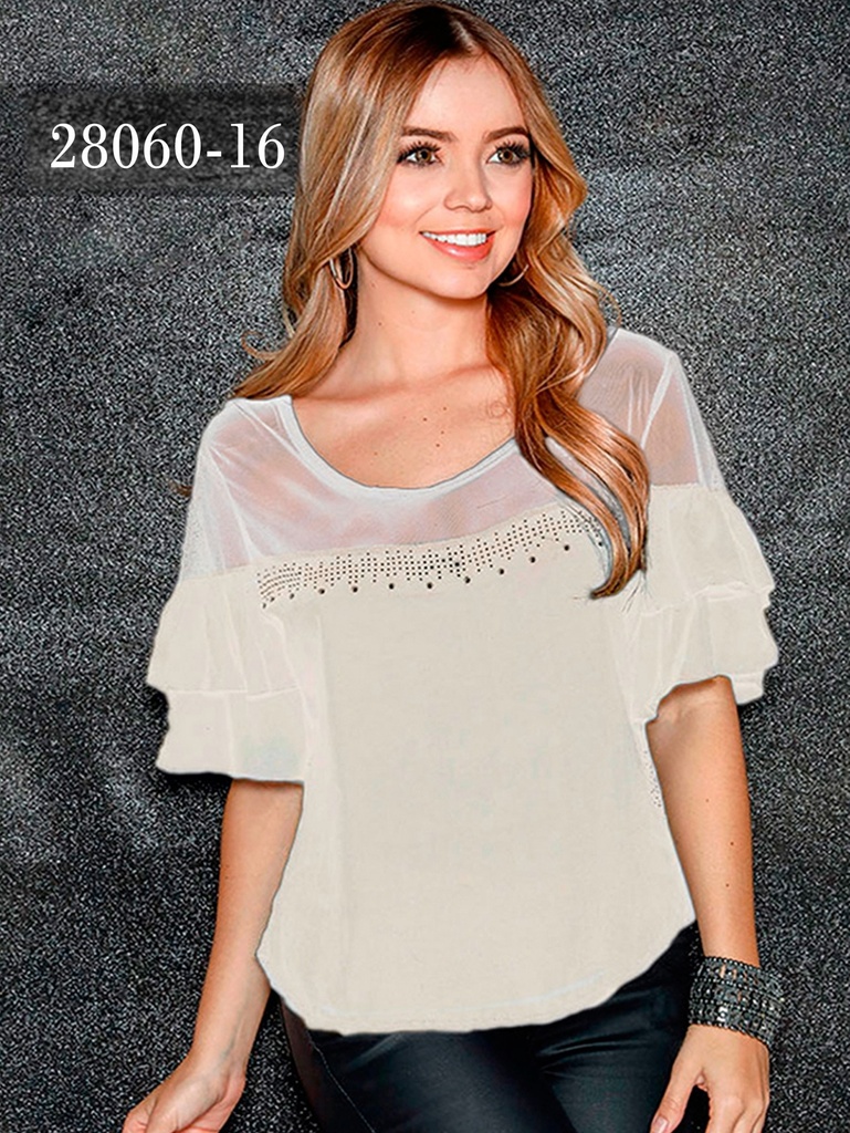 Women's Cream Ruffle Sleeves Beaded Neckline Blouse 28060-16