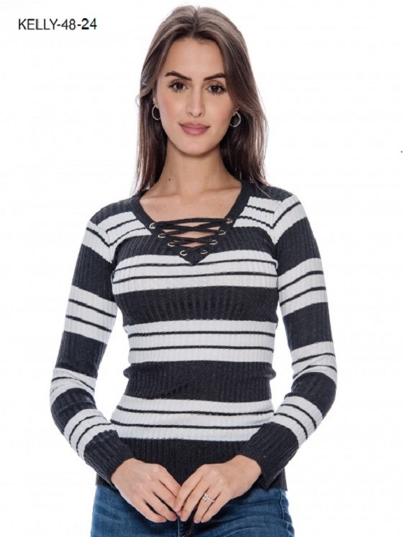 Suéter Rayas con Cuello de Cordones Rayas Azul Marino y Blanco para Mujer Kelly 48-24