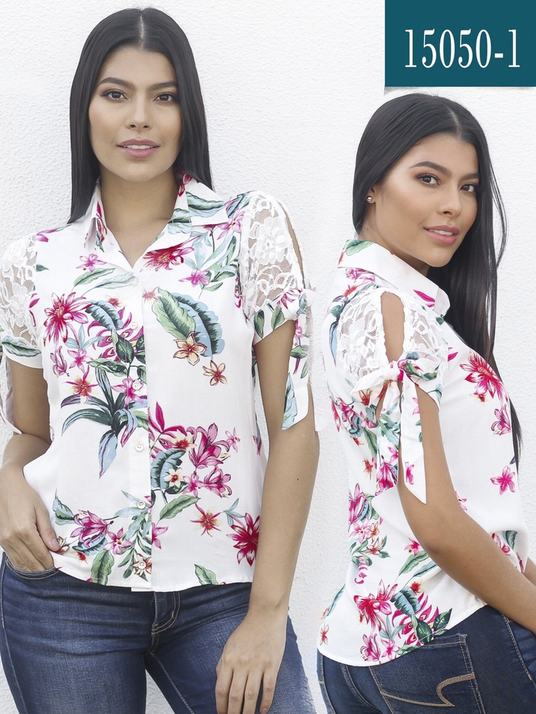 Women's White Floral Short-Sleeve Button-Up Blouse 15050-1