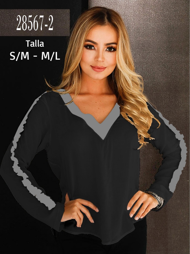 Women's Black & Gray V-Neck Long-Sleeve Blouse 28567-2