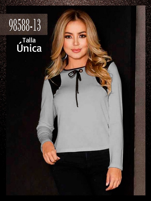 Blusa con Lazo en el Cuello Gris para Mujer 98588-13