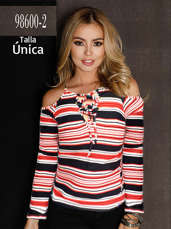 Blusa Hombros Descubiertos con Cordón Rayas Rojas para Mujer 98600-2