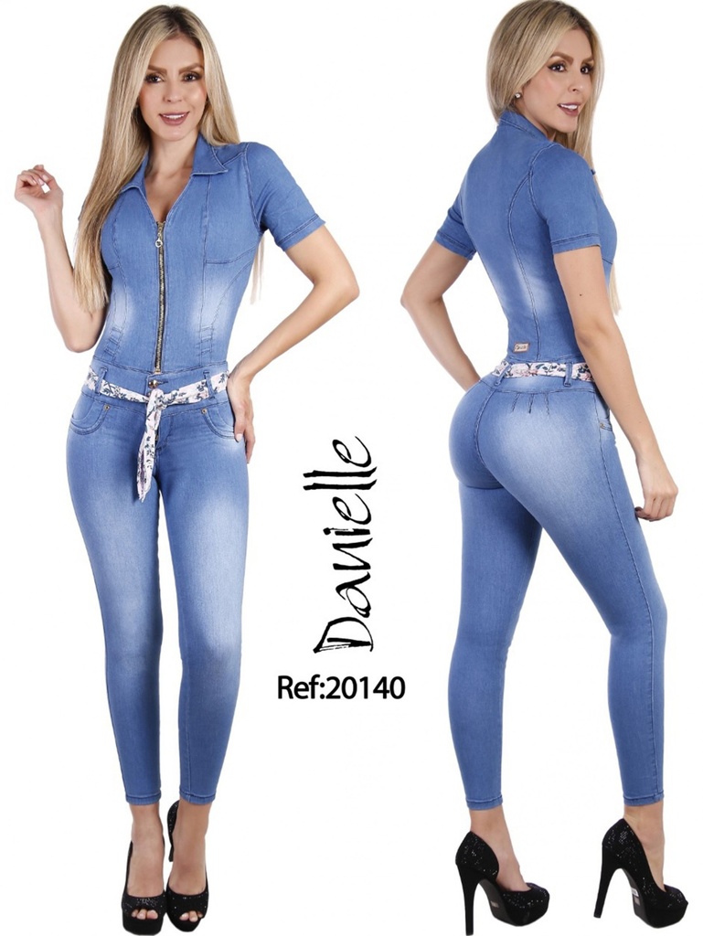 Enterizo Manga Corta con Cinturón Mezclilla Media para Mujer 20140