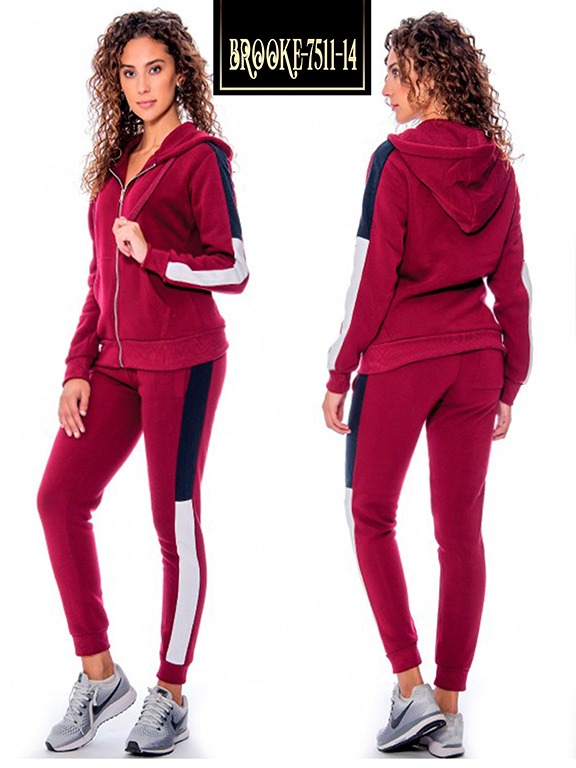 [200751114XXL] Women's Burgundy & White Zip Jacket & Striped Joggers Activewear Set 7511-14