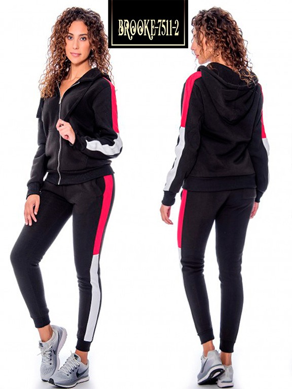 Women's Black & White Zip Hoodie & Side Stripe Joggers Activewear Set 7511-2