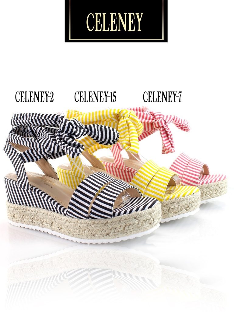 [200CELENY1510] Women's Striped Bow Lace-Up Espadrille Platform Wedges Celeney