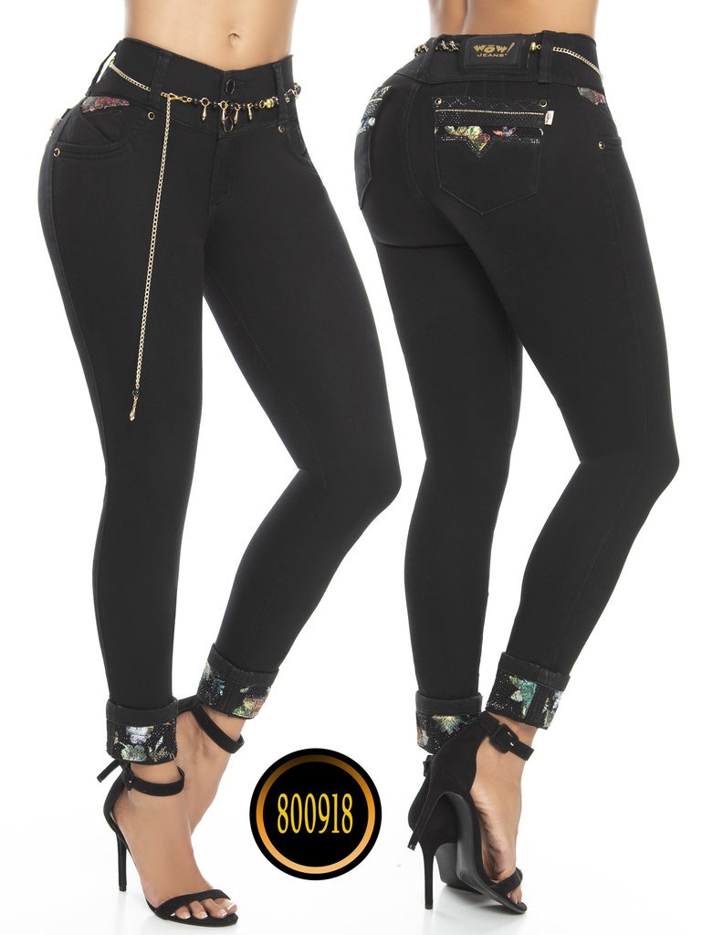 Jeans Levantacola Ajustados con Cadena Negro para Mujer 800918