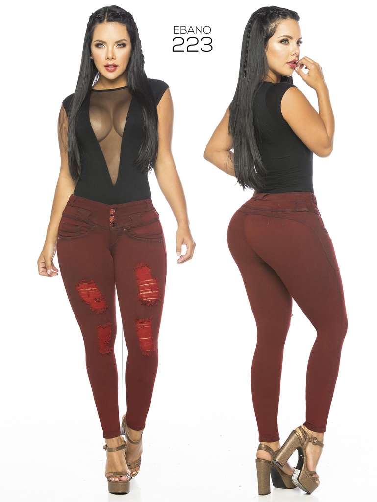 Women's Burgundy Distressed Butt Lift Skinny Jeans 223