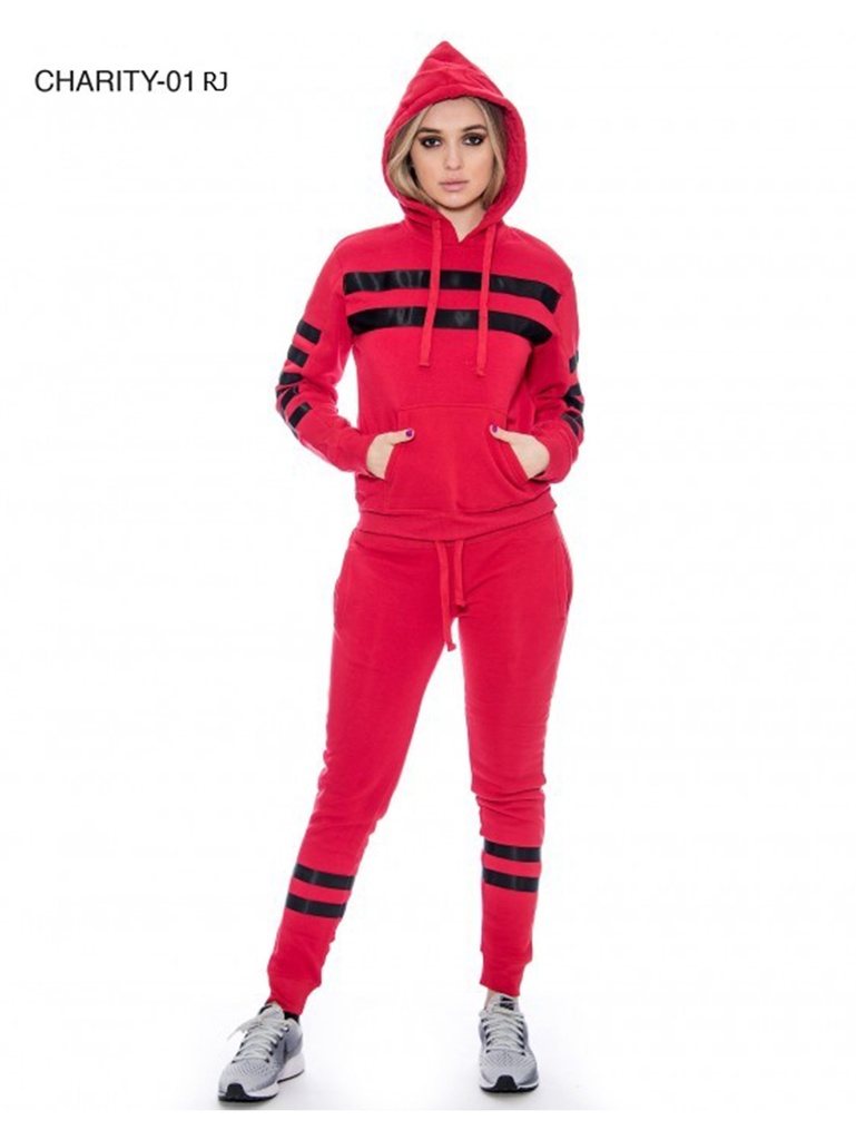 [200CHARITY01RJXXL] Women's Red & Black Zip Hoodie & Striped Joggers Activewear Set Charity-01