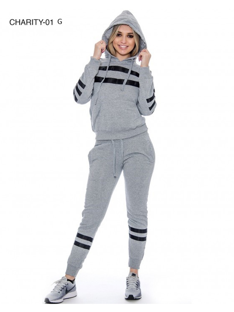 [200CHARITY01GXXL] Women's Gray & Black Hoodie & Striped Joggers Activewear Set Charity-01 Gray