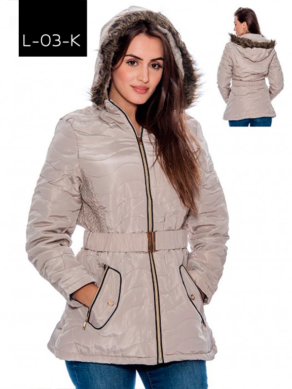 [200L03KM] Women's Beige Belted Faux Fur Hooded Puffer Jacket L-03-K