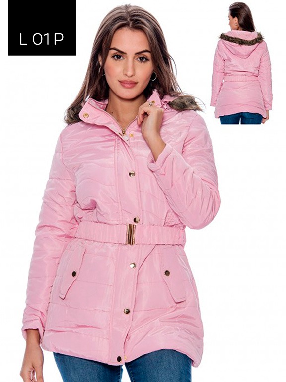 Women's Pink Belted Faux Fur Hooded Puffer Jacket L01P