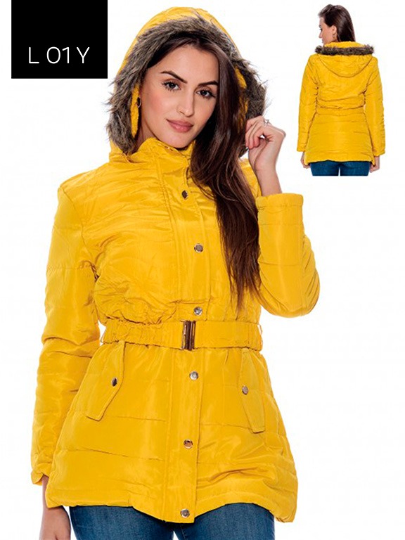 Chaqueta Acolchada con Cinturón y Capucha Amarilla para Mujer L01Y