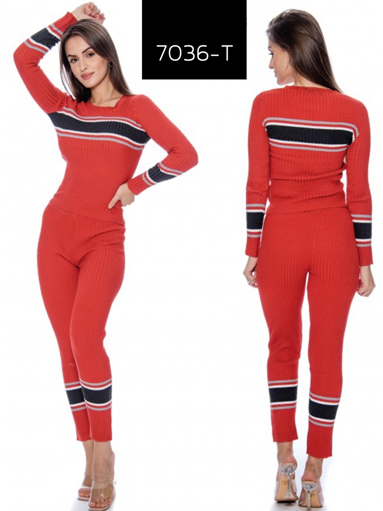 Women's Red Striped Knit Sweater & Leggings Two-Piece Set 7036-T