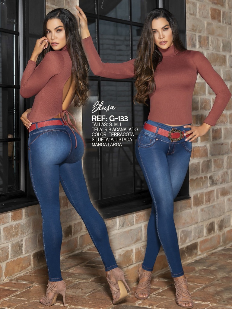 Jeans Levantacola Ajustados Lavado Oscuro para Mujer 287G133L