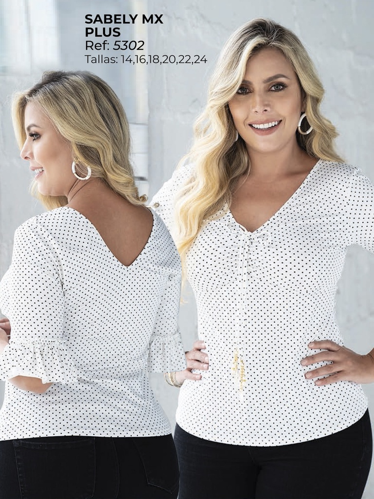 Women's White Polka Dot Plus Size Bell-Sleeve Blouse 5302