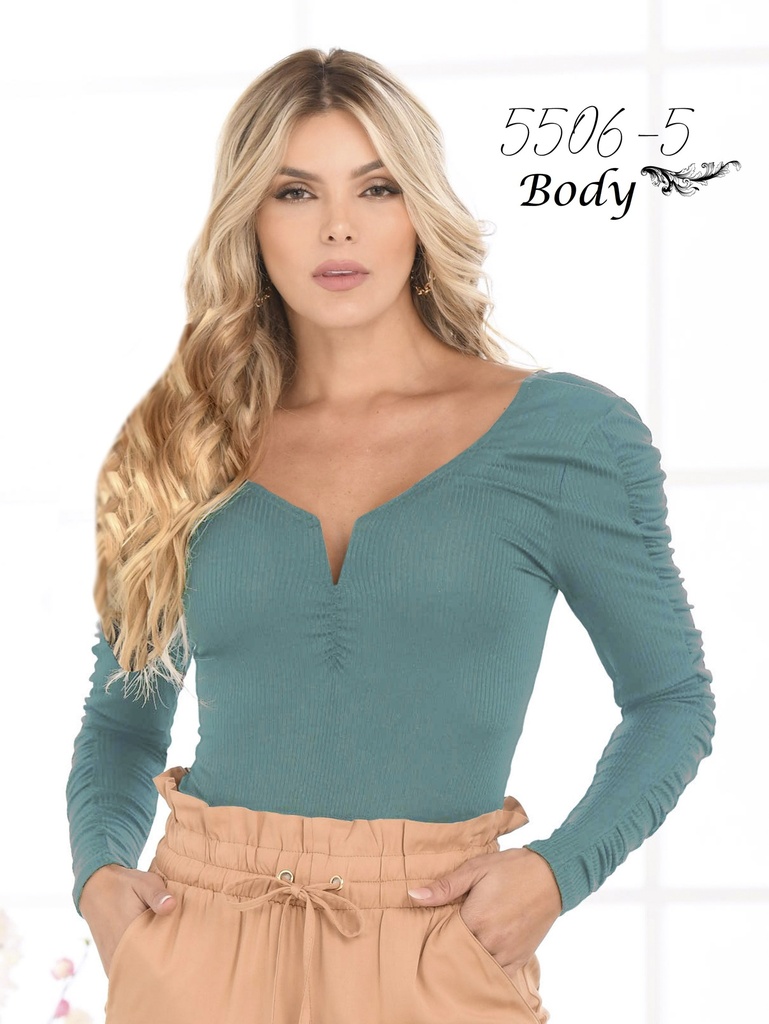 Body Manga Larga Fruncida con Botones Verde Azulado para Mujer 5506-5