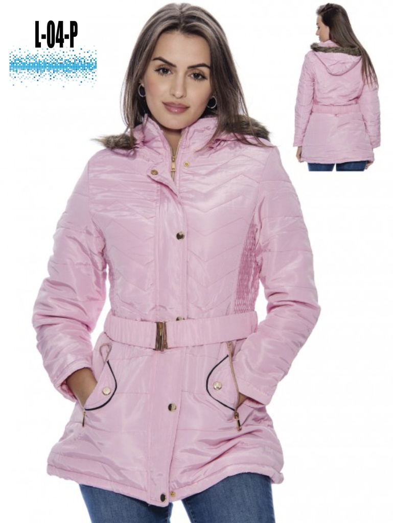 Women's Pink Belted Faux Fur Hooded Puffer Jacket L-04-P