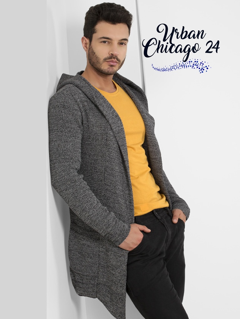 [313URBANCH24S] Men's Charcoal Long Hooded Cardigan Sweater