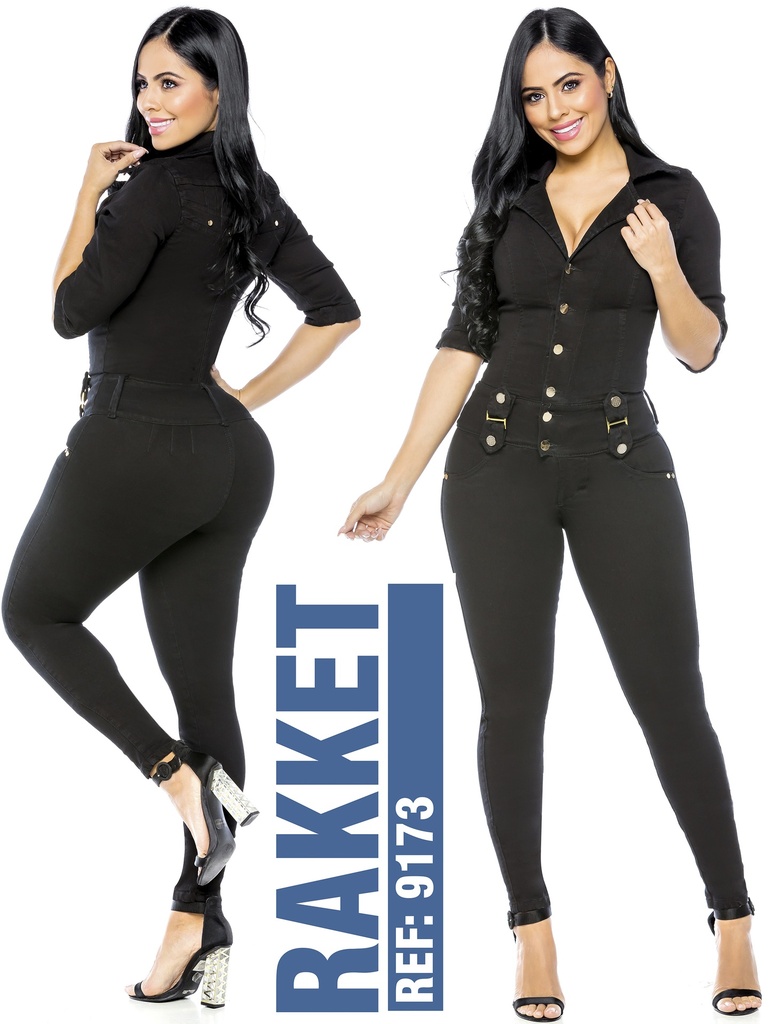 Enterizo Manga Larga con Botones Negro para Mujer 9173