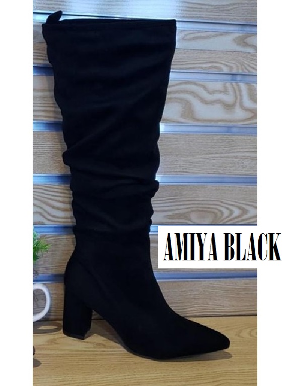 Women's Black Suede Slouchy Pointed Toe Block Heel Boots Amiya