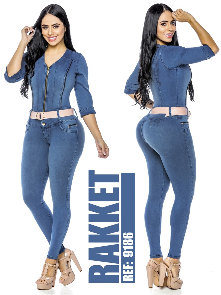 Women's Medium Denim 3/4 Sleeve Butt Lift Jumpsuit 9186