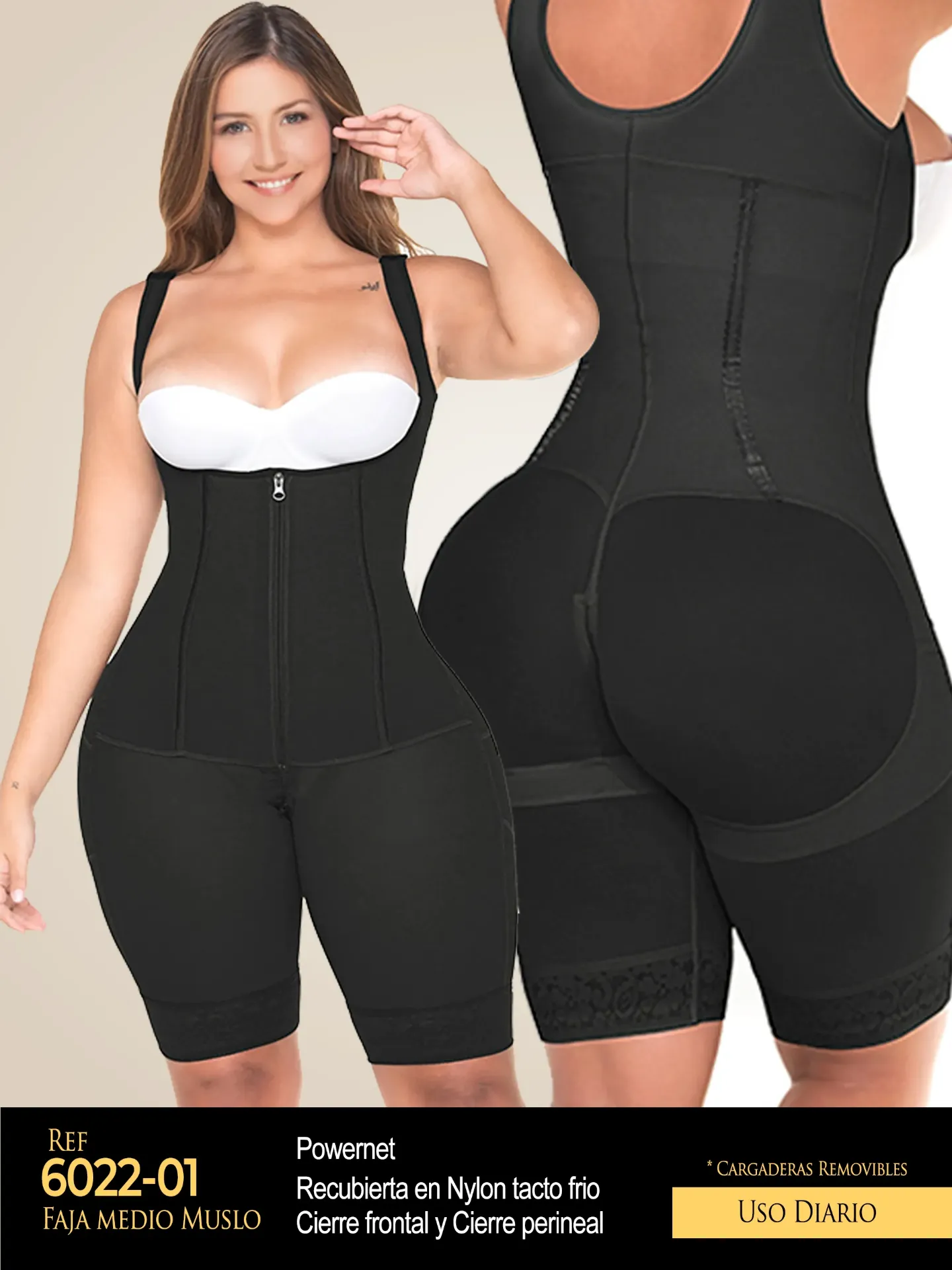 [1106022XL01] Women's Black Powernet Mid-Leg Body Shaper Shapewear Body Shaper 6022-01