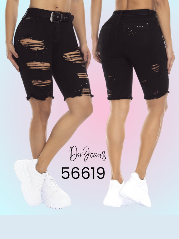 [24856619D03] Short Bermuda de Mezclilla Rasgada Negro para Mujer 56619