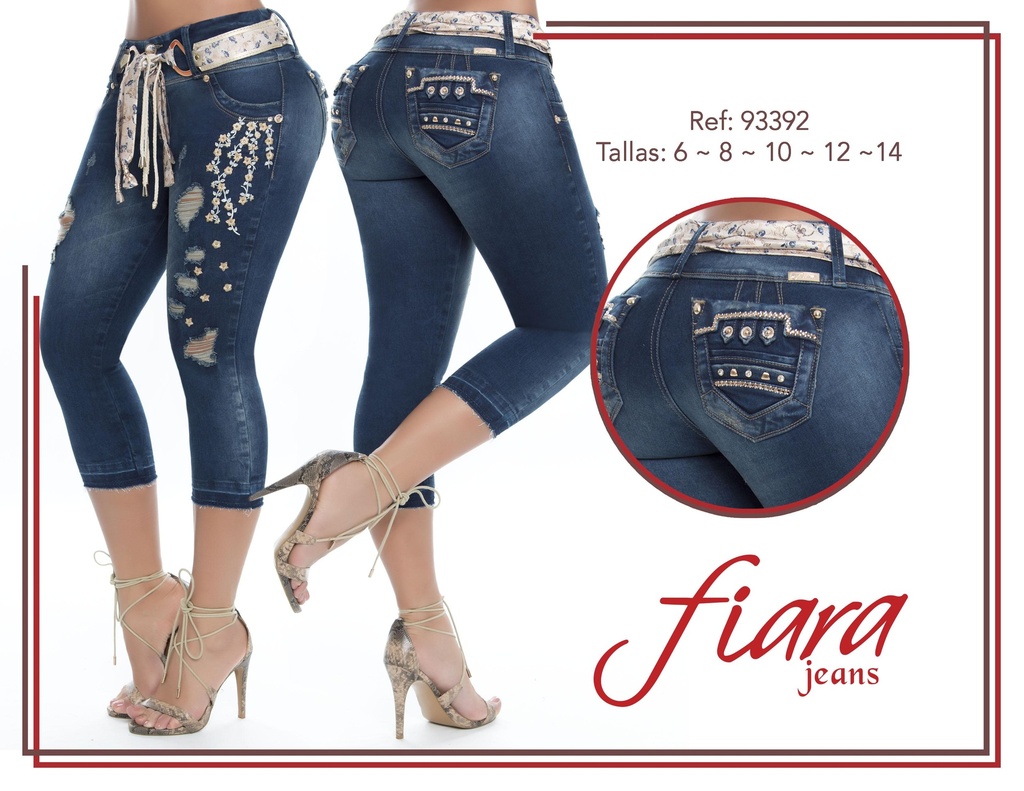 [24893392D03] Women's Dark Blue Embroidered Butt Lift Capri Jeans 93392