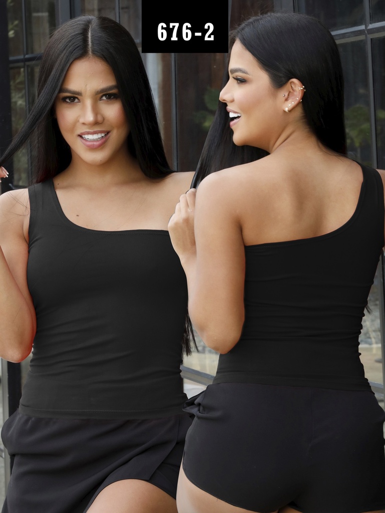 Top Un Hombro Negro para Mujer 676-2