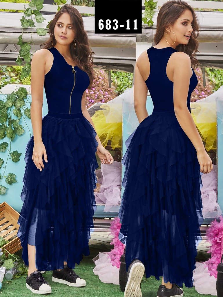 Vestido Azul Marino sin Mangas con Falda de Tul en Capas con Volantes