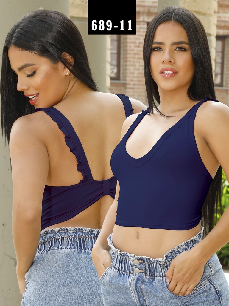 Crop Top con Espalda de Volantes Azul Marino para Mujer 689-11