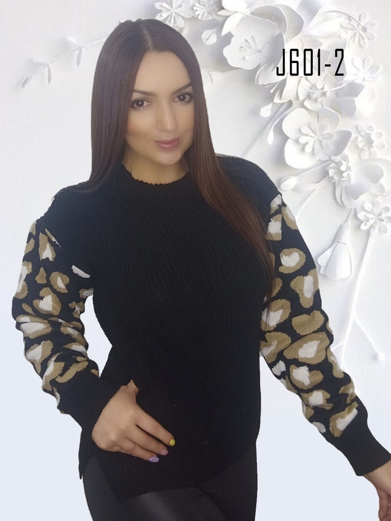 [339J6012] Suéter J6012 Negro con Flores Doradas para Mujer Embroidered Sleeve Crew