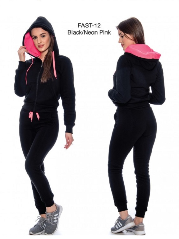 [200FAST12BXXL] Women's Black & Neon Pink Hoodie & Joggers Activewear Set Fast-12