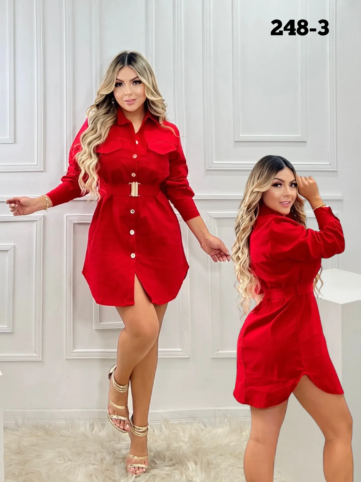 [3772483S/M] Women's Red Button-Up Shirt Dress 248-3 (S/M)