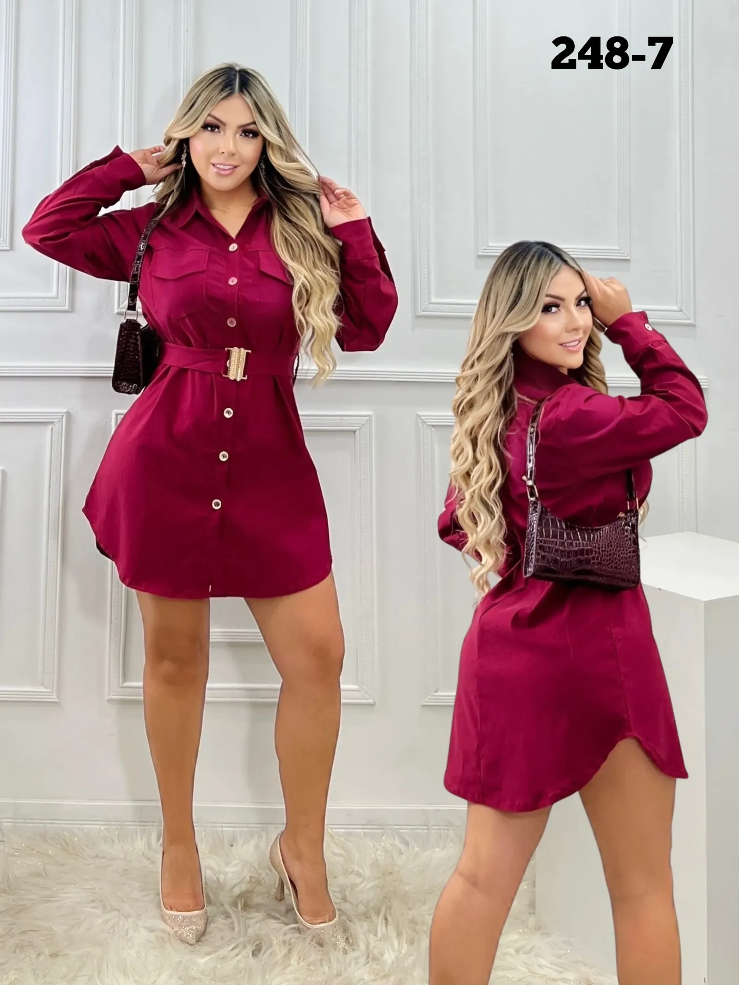 [3772487S/M] Colombian Belted Shirt Dress – Long Sleeve, Burgundy (S/M)