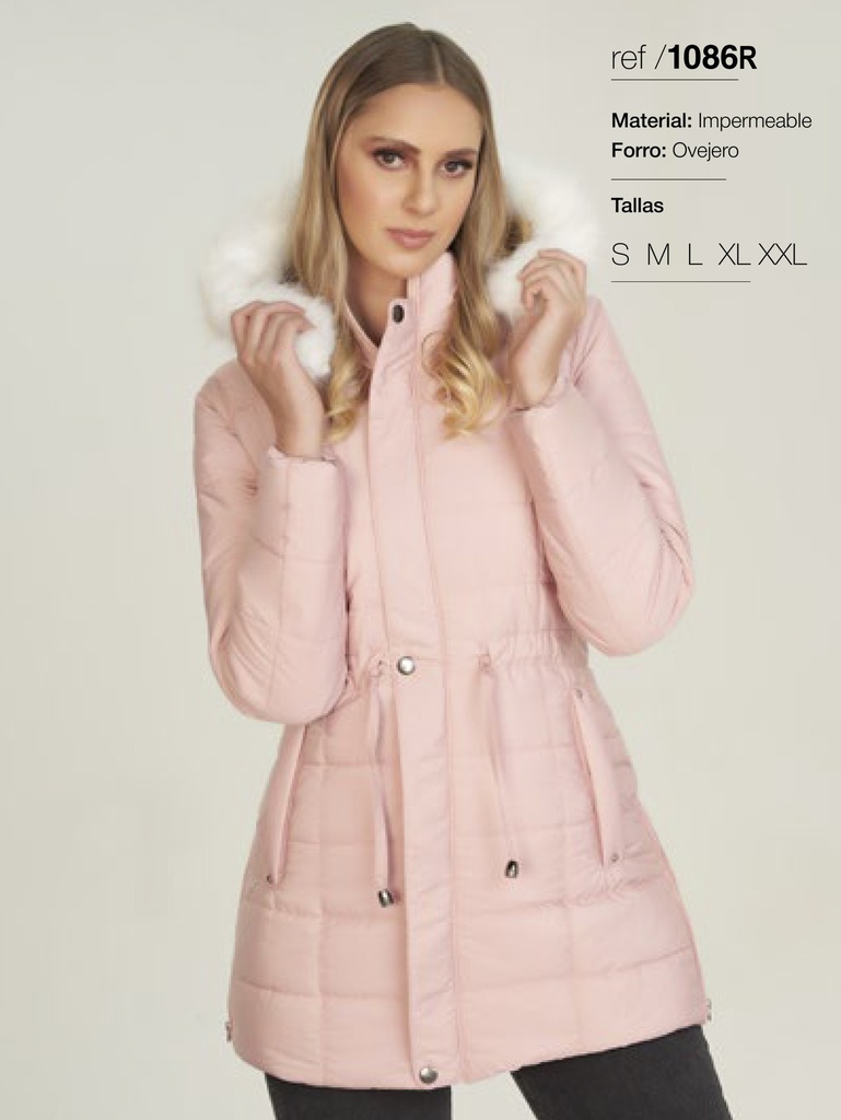 Chaqueta Parka Acolchada con Capucha de Pelo Rosa Pálido para Mujer 1086R
