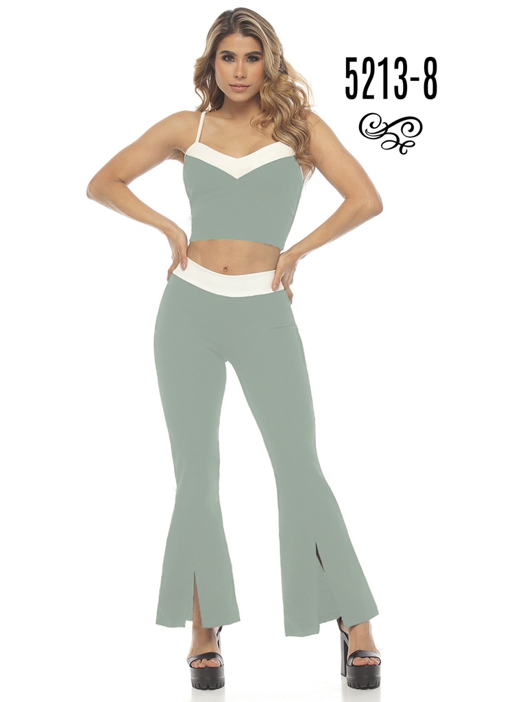 Women's Sage Green Crop Top & Flare Pants Two-Piece Set 5213-8