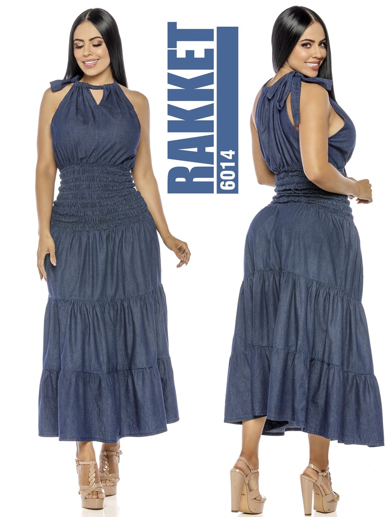 [2616014RS] Women's Denim Blue Tiered Halter Maxi Dress 6014