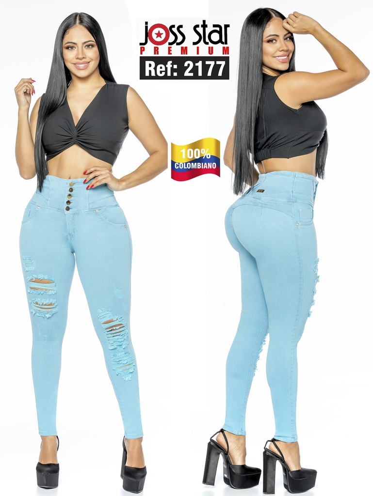 Jeans Levantacola Rotos Ajustados Azul Bebé para Mujer 2177