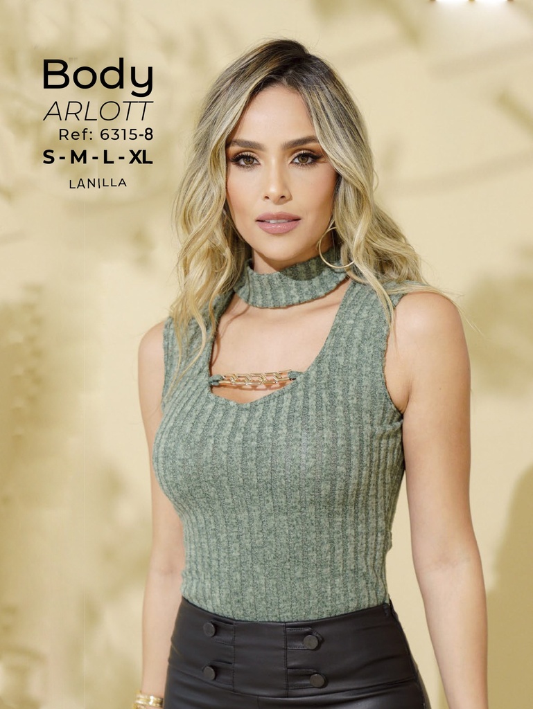 [25263158XL] Women's Sage Green Ribbed Choker Neck Cutout Bodysuit 6315-8