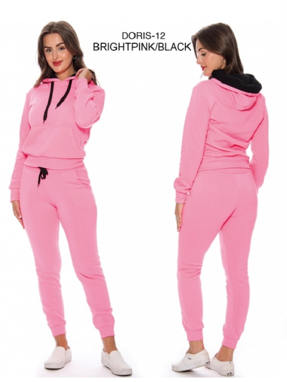 Women's Bright Pink & Black Hoodie & Joggers Activewear Set Doris-12 Pink