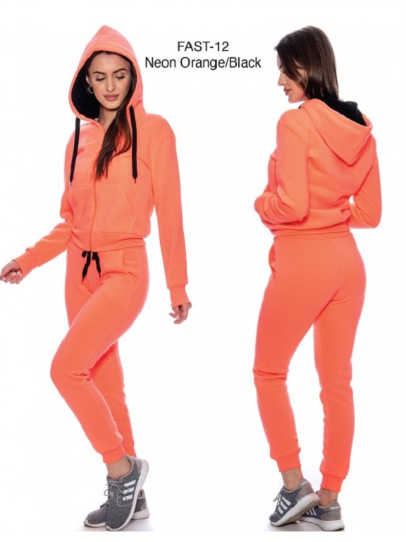 [200FAST12NBS] Women's Neon Orange & Black Hoodie & Joggers Activewear Set Fast-12 Orange
